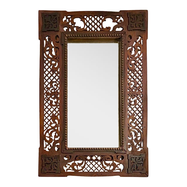 Mid 20th Century Mirror Antique Moroccan Style Hand Carved Wood Lattice Ornate Design Boho Decor For Sale