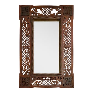 Mid-Century Modern Moroccan Hand-Carved Lattice Wood Mirror, Red Frame, Boho, 24.7"h For Sale