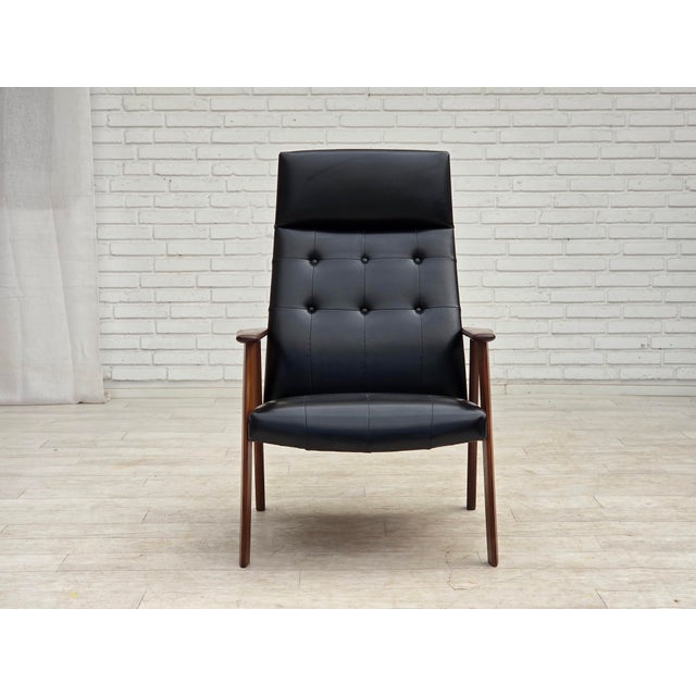 1970s Danish Armchair in Black Artificial Leather and Teak Wood, 1970s For Sale - Image 5 of 18