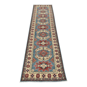Kazak Runner 2’9” X 9’9” Blue Wool Tribal Hand-Knotted Oriental Rug