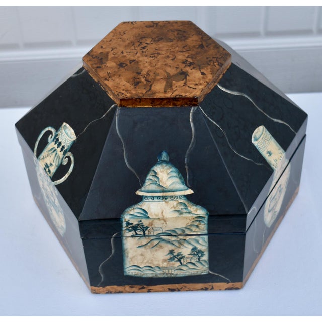 Asian Vtg. Hexagonal Shaped Box With Asian Style Vessels For Sale - Image 3 of 15