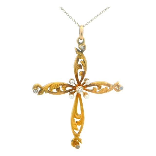 Antique 1900s 18k Gold Cross Pendant With Diamonds & Pearls For Sale