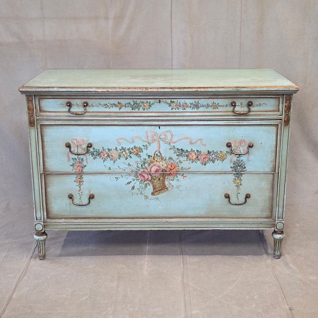 French Antique French Floral Painted Mahogany Dresser With Matching Mirror For Sale - Image 3 of 18
