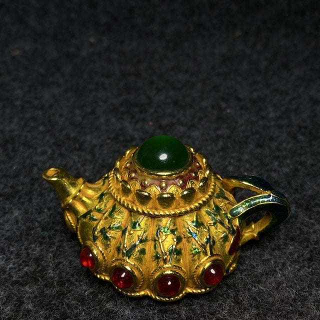 Late 19th Century Set of 3 Gilt Bronze Miniature Teapots With Gemstones and Box For Sale In Los Angeles - Image 6 of 9