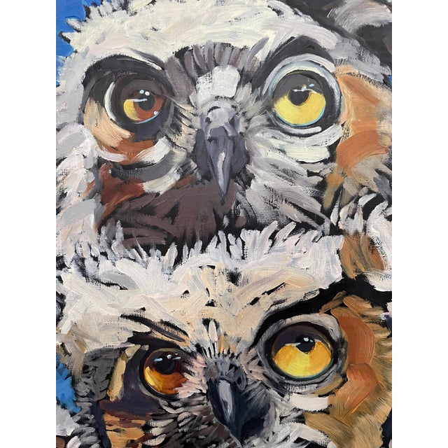 Figurative The Disciples by Deb Komitor | Oil on cradleboard Three owls perched on a tree branch. For Sale - Image 3 of 5