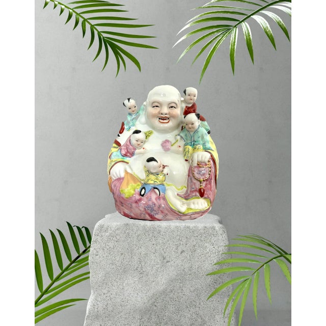 Vintage Porcelain Famille Jaune Chinese Laughing Buddha With Five Children & Long Life For Sale In Tampa - Image 6 of 10