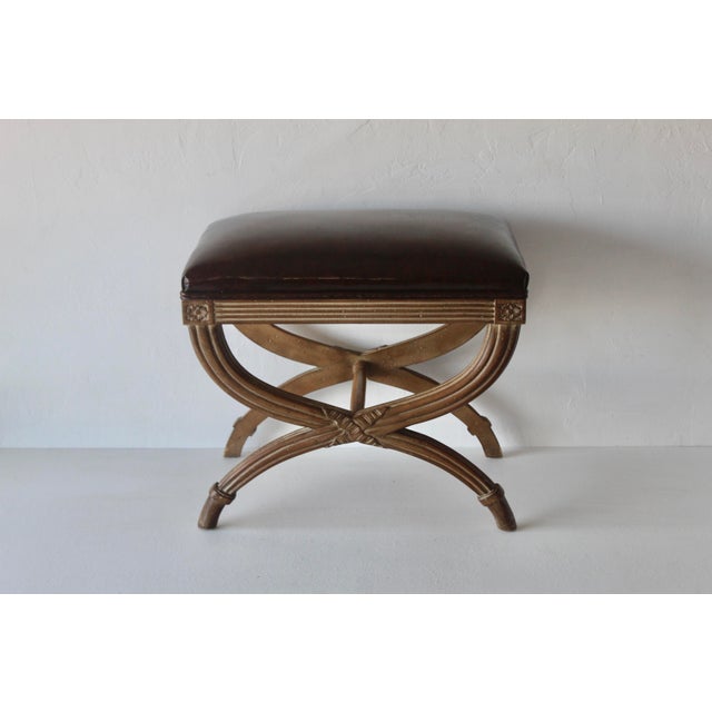Vintage Louis XVI Style Wood Frame X Base Bench Faux Burl Wood Seat For Sale - Image 15 of 18