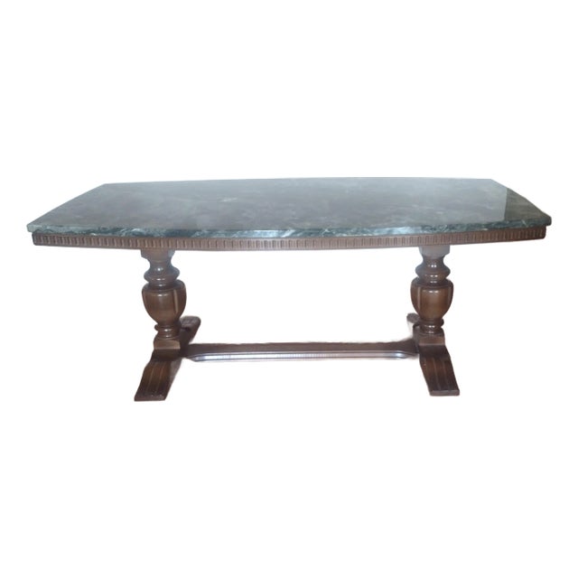 Vintage Scandinavian Green Marble Coffee Table With Carved Maple Trestle Base, c.1940 For Sale