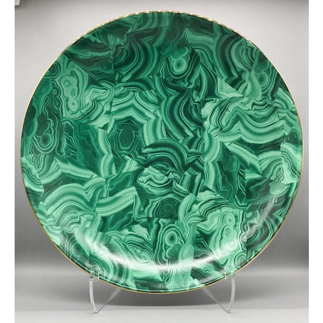 Oversized Contemporary Faux Malachite Charger/ Platter/ Bowl With Gold Accents and Acrylic Stand For Sale - Image 13 of 13