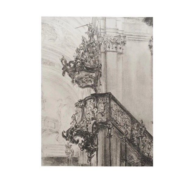 Rare excellent large vintage photogravure after pencil architectural drawing "Church Interior" by German artist Adolph von...