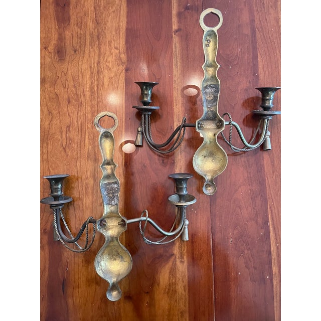 Shabby Chic Vintage Brass Two Arm Wall Sconces With Braid and Tassels For Sale - Image 3 of 5