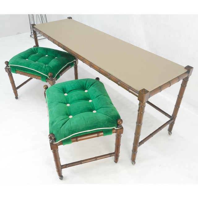 Late 20th Century Mid Century c1970s Faux Bamboo Console Sofa Table & Pair Nesting Benches MINT! For Sale - Image 5 of 18