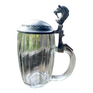 Antique German Glass & Pewter Equestrian Beer Stein With Sculpted Horse Head, Circa 1900 For Sale