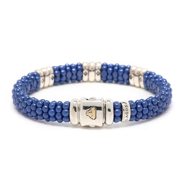 Modern Caviar Lagos .28ctw Diamond &Blue Bead Bracelet, Sterling Silver 14k Yellow Gold For Sale - Image 3 of 7