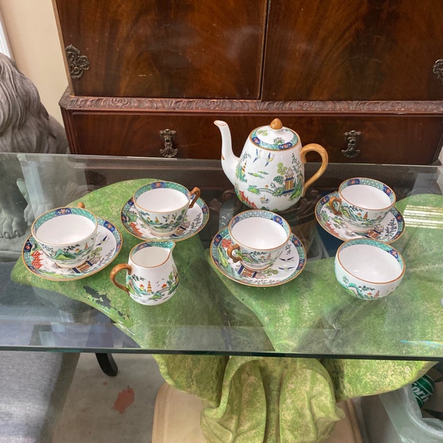 White 1970s Staffordshire White & Green Asian Tea Set For Sale - Image 8 of 8