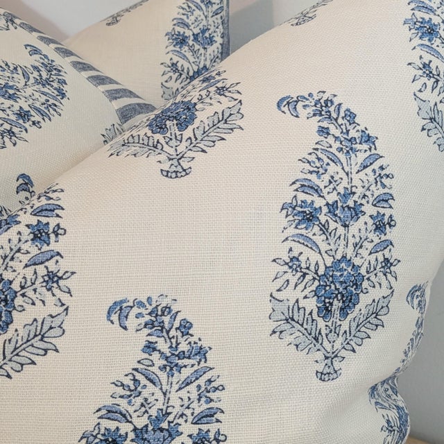 Katie Leede Mughal Garden Pillows With Blue Striped Backs- Pair For Sale - Image 4 of 7