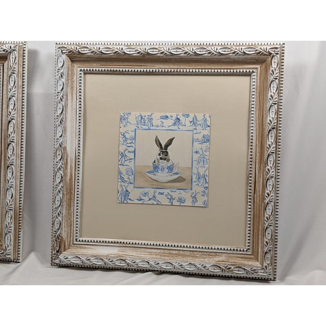 Late 20th Century Kari Phillips Teacup Bunny Series Framed Prints, White, Blue & Light Brown – Pair For Sale - Image 11 of 13