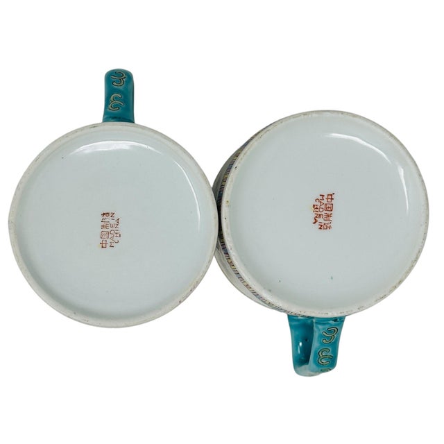 Pair of Vintage Chinese Porcelain Mugs With Lids | Hand-Painted Famille Rose Teacups | Covered Tea Mugs, Made in China For Sale - Image 12 of 12