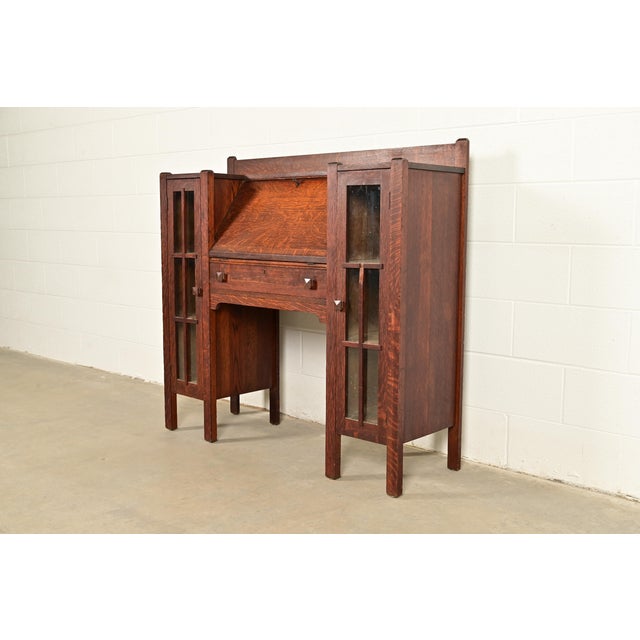 Mission Stickley Brothers Style Antique Mission Oak Arts & Crafts Double Bookcase With Drop Front Secretary Desk, Circa 1910 For Sale - Image 3 of 15