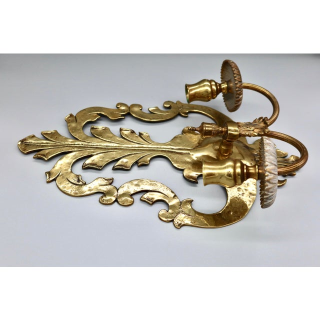 Pair of Solid Brass Two-Arm Rococo Revival Candle Wall Sconces With Acanthus Leaf Backplate, Early 20th Century For Sale In Austin - Image 6 of 15