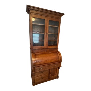 1900-1909 Tiger Oak Rolltop Secretary Cylinder Desk 82” X 36” W Glass Bookshelf For Sale