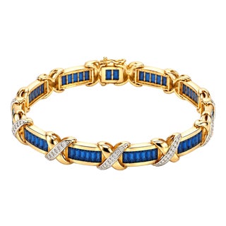 Mid 20th Century 14k Yellow Gold Blue Sapphire & Diamond X-Link Tennis Bracelet For Sale