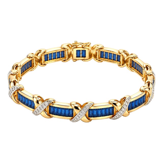 Mid 20th Century 14k Yellow Gold Blue Sapphire & Diamond X-Link Tennis Bracelet For Sale