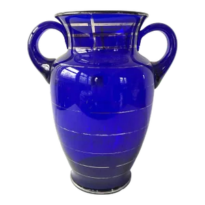 Antique Cobalt Blue Glass and Silver Urn Vase