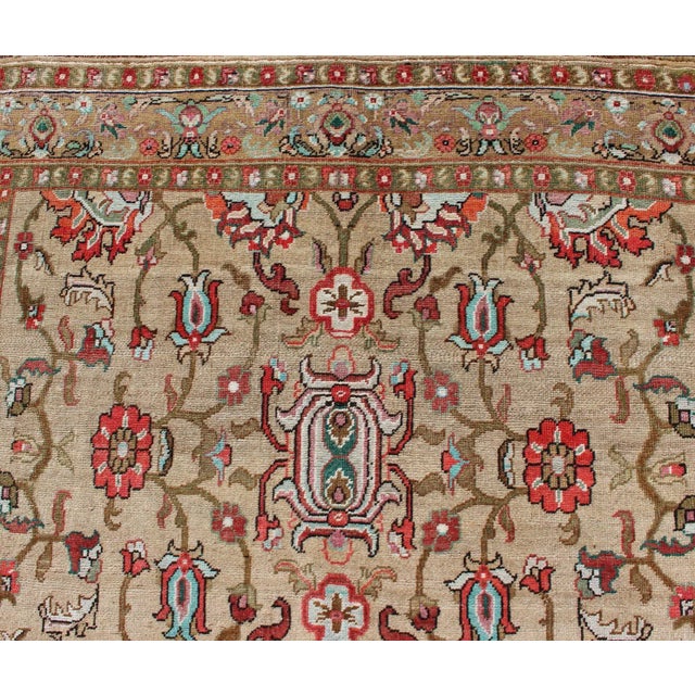 Tan Vibrant All-Over Design Vintage Hand Knotted Turkish Oushak Rug in Red and Tan For Sale - Image 8 of 12