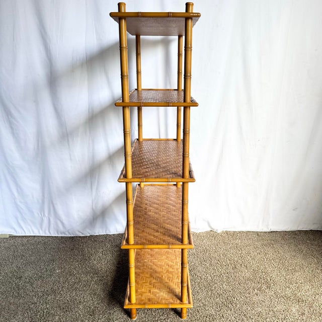 Wood Mid 20th Century Boho Chic Faux Bamboo Herringbone Bookshelf/Etagere For Sale - Image 7 of 9