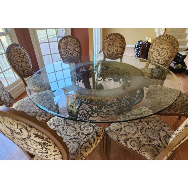 2010s Custom Round Glass Dining Table With Eight Matching Chairs For Sale - Image 5 of 10