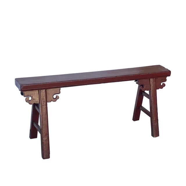 Vintage Oxblood Red Rural Village Rustic Slim Wood Seating Bench For Sale - Image 4 of 7