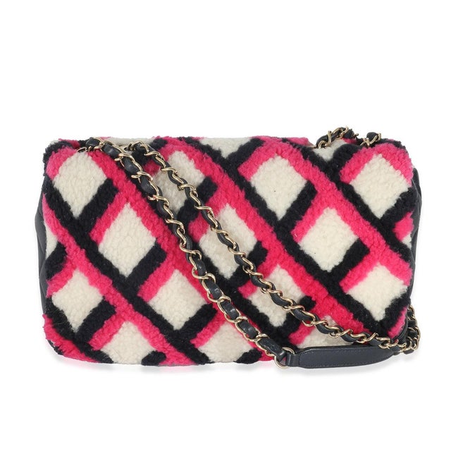 Chanel Fuchsia Navy White Shearling Lambskin Emoticon Single Flap Bag For Sale - Image 4 of 8