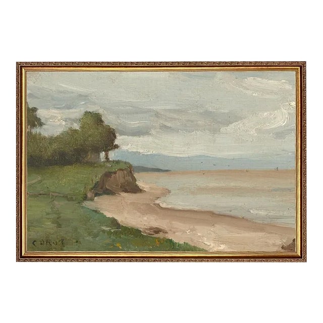Beachside French Landscape Canvas Print in Thin Gold Wood Frame 32x22 For Sale