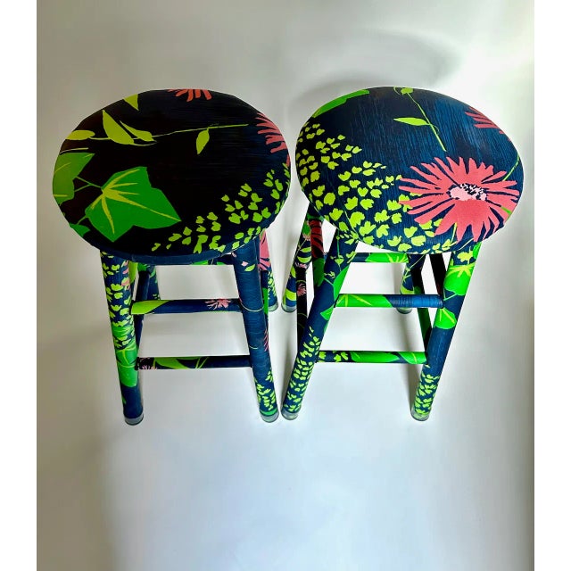 Pair of Vintage Greeff "Summertime Collection" Fabric Wrapped Wooden Counter Stools For Sale - Image 11 of 18