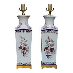 Vintage Asian-Inspired Ceramic Lamps With Floral Motifs—A Pair