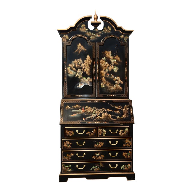 Vintage Chinese Asian Black Lacquer Chinoiserie Secretary Desk Hutch Hand Paint Chairish