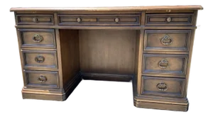 Vintage Sligh Furniture Leather Top Mid Century Modern Campaign Executive Desk