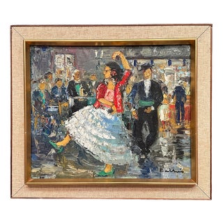 Dancing Couple in Lively Setting, 1950s, Oil on Canvas, Framed For Sale