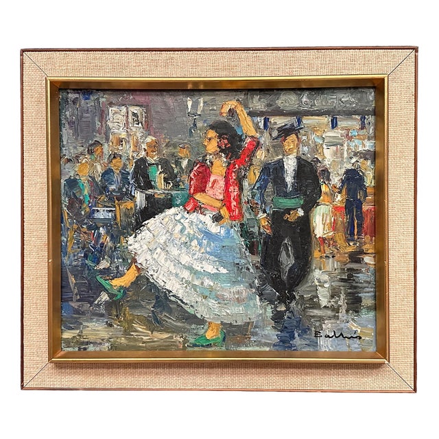 Dancing Couple in Lively Setting, 1950s, Oil on Canvas, Framed For Sale