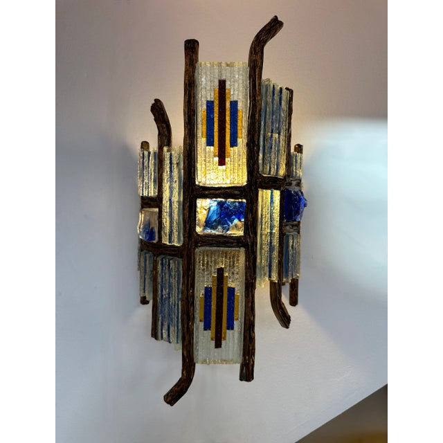 Metal Pair of Hammered Glass Wrought Iron Sconces by Longobard, Italy, 1970s For Sale - Image 7 of 13