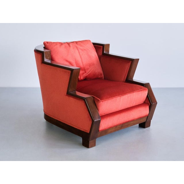 1920s Art Deco Cubist Armchair in Vermilion Mohair Velvet and Maple, Belgium, 1920s For Sale - Image 5 of 17