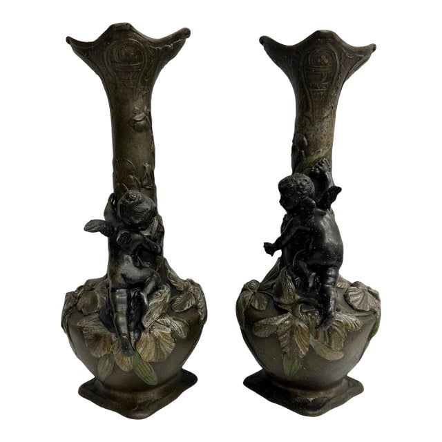 A Pair of French Centennial Art Nouveau Pewter and Bronze Carved Vases For Sale