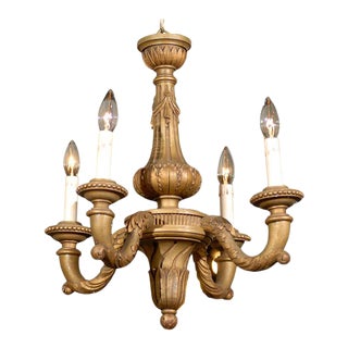 Turn of the Century French Carved Giltwood Four-Light Chandelier with Waterleaf For Sale