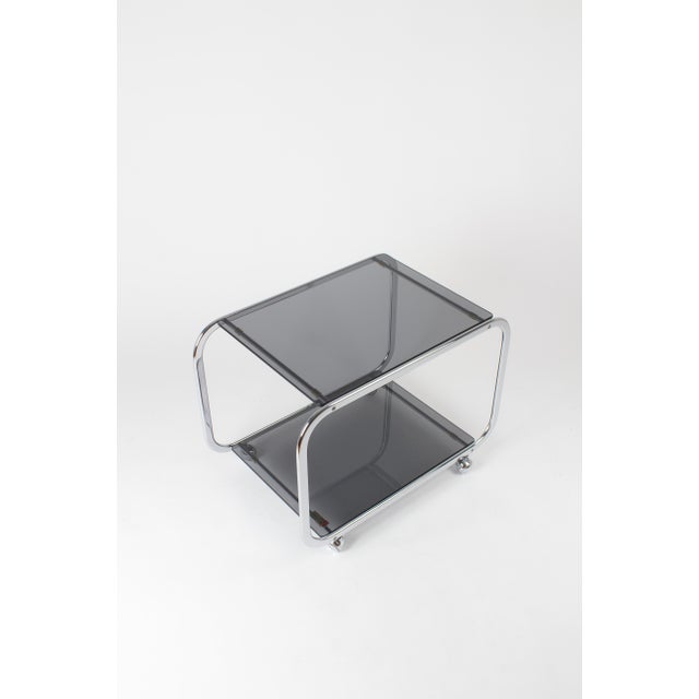 Vintage Chrome and Smoked Glass 2-Tier Coffee Table on Casters, 1970s For Sale - Image 9 of 11