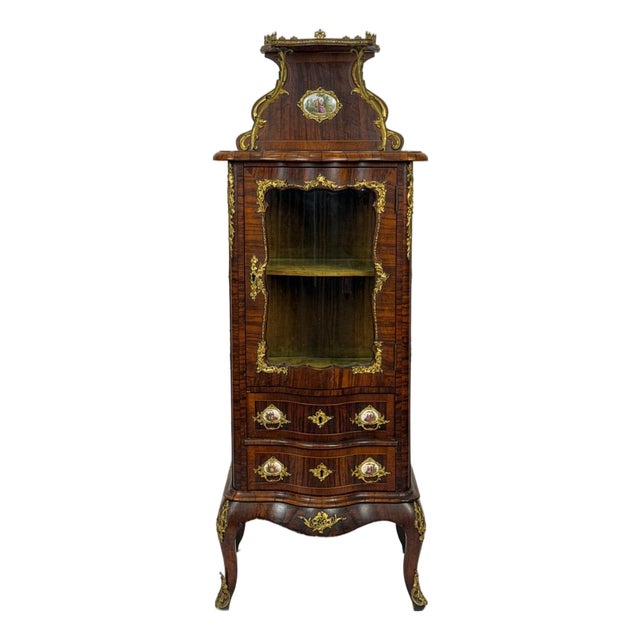 19th Century French Rosewood & Marquetry Louis XV Style Bombe Vitrine Bronze Ormolu Curio Cabinet Hand Painted Porcelain Plaques Home Decor For Sale