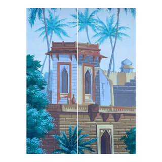 36" * H96" * 2ps, Hand-Painted Mughal Ruins Tropical Palm Landscape Wallpaper Mural For Sale