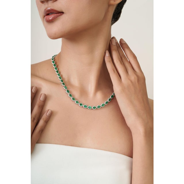 Metal Certified 22.11Ct Emerald & 4.69Ct Diamond Halo Tennis Necklace in 14k White Gold For Sale - Image 7 of 13