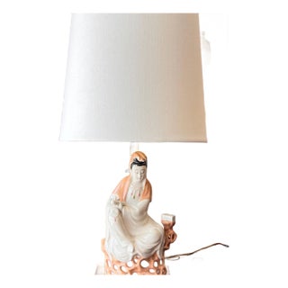 1940s Guanyin porcelain accent lamp on wooden base // vintage goddess lamp // chinoiserie lamp // designer lighting // table lamp // For Sale