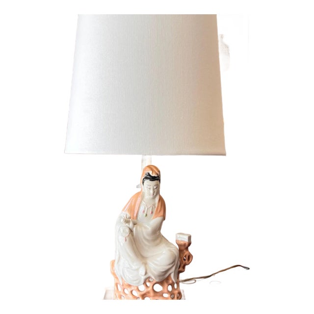 1940s Guanyin porcelain accent lamp on wooden base // vintage goddess lamp // chinoiserie lamp // designer lighting // table lamp // For Sale